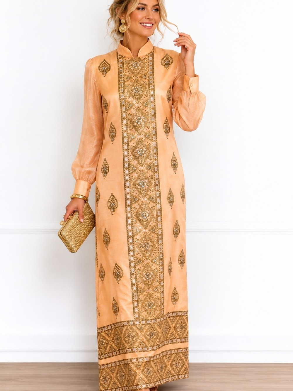 Alfred Shaheen Vintage Hawaii California Peach Metallic Maxi Dress Size 10 USA